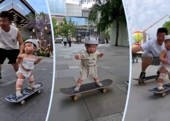 Baby goes viral for skateboarding wearing protective headgear